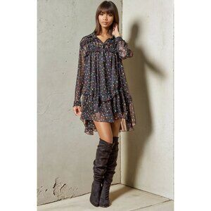 Anthropologie Eva Franco Black Chiffon Ruffled Polka Dot Collared Mini Dress